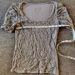 INC Women's Beige Lace Floral Short Sleeve Scoop Neck S